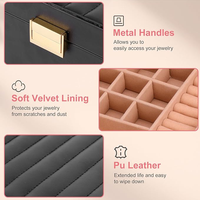 Gifturbo Jewelry Boxes for Women, Black 2-Layer Jewelry Organizer Box with Removable Tray, PU Leather Jewelry Storage Girls, 