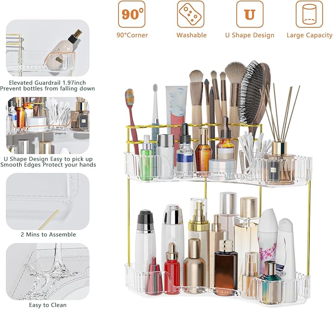Webetop Corner Makeup Organizer for Vanity, 2 Tier Bathroom Cosmetics Organizer Countertop with Make up Brush Holder Corner C