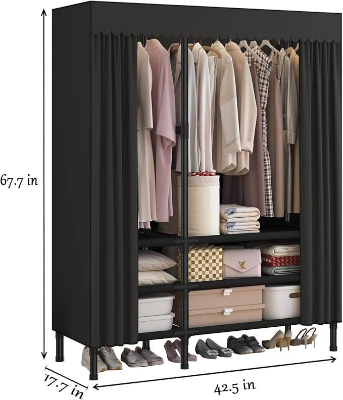 Portable Closet,Garment Rack,Heavy Duty Clothes Rack with Cover,Wardrobe Closet with 2 Hanging Rods, 6 Storage Shelves,43.3" 