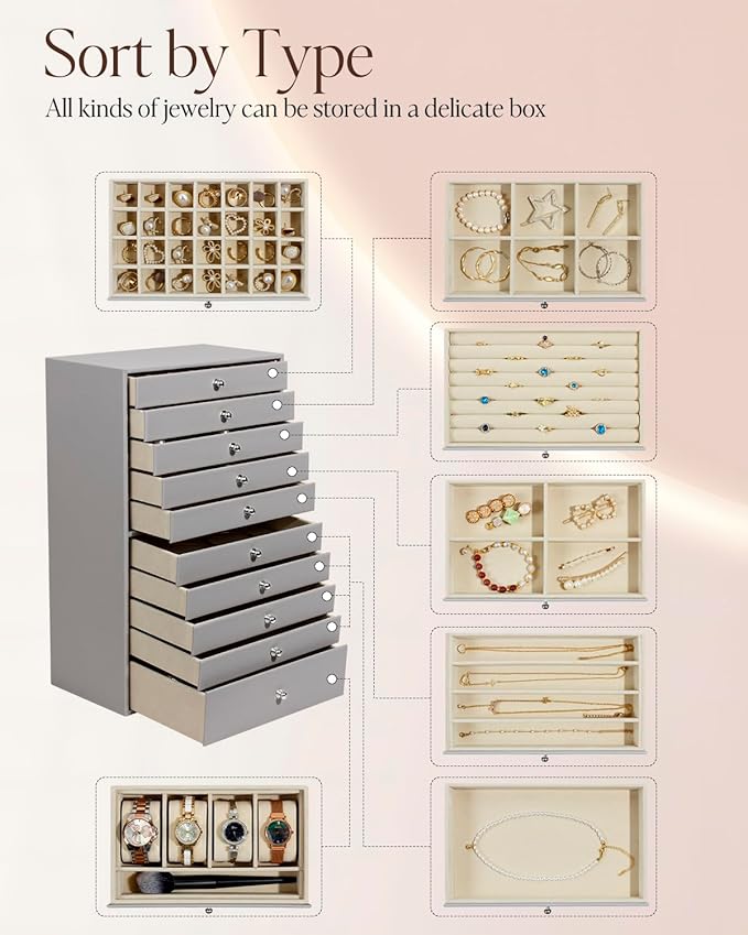 GUKA Large Jewelry Box, Jewelry Case with 10 Drawers for Big and Small Jewelry, Jewelry Storage Organizer for Watch Earrings 