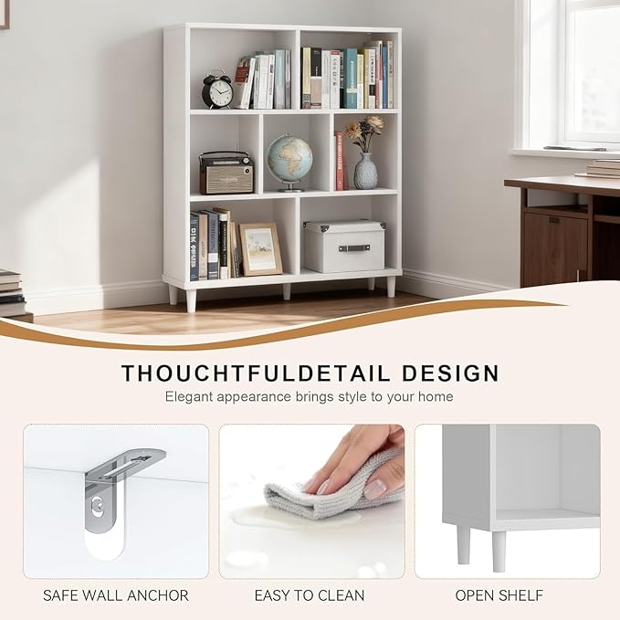 7 Cube Storage Organizer | Bookshelf with Legs|Wall Bookshelf| 3 Shelf Bookcase | -Cubic Storage Cabinet（Storing Books,Toys &