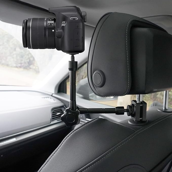 Car Headrest Camera Mount for GoPro/Insta 360/DJI OSMO/AKASO/Video/DSLR, 1.57 inch Diameter Base 10 inch Length Magic Arm, Aluminum Alloy Adjustable Camera Holder, Black