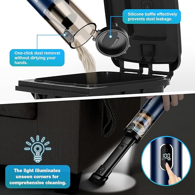Handheld Vacuum Cordless, Car Vacuum with 14000PA Powerful Suction with LED Light, Air Duster 2-in-1,Low Noise Rechargeable P