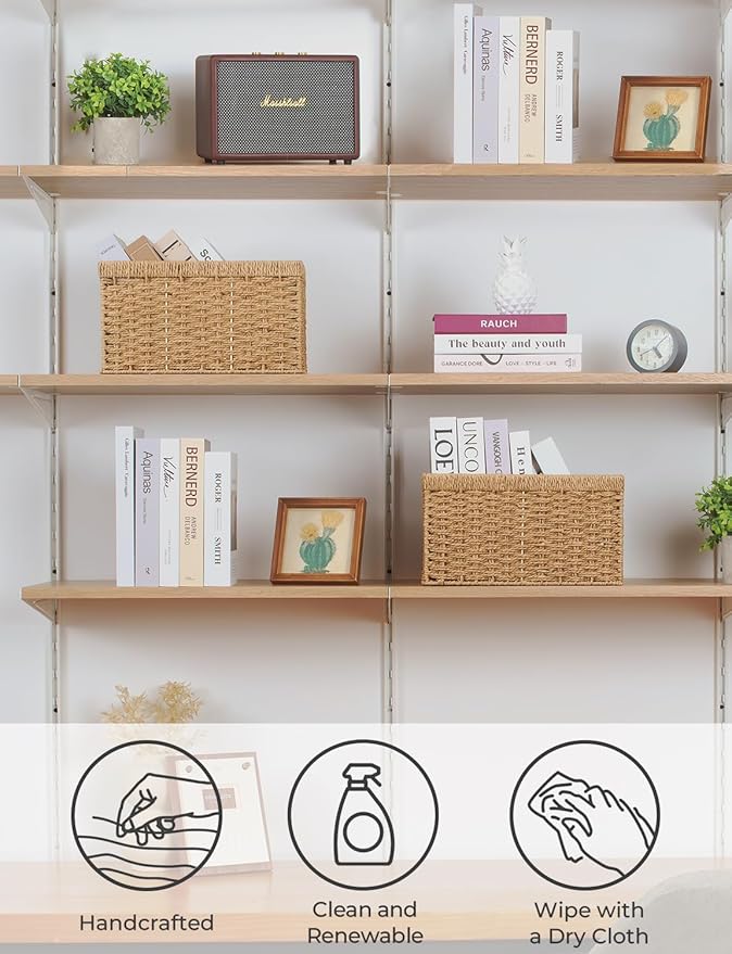 StorageWorks Round Paper Rope Storage Baskets, Rectangular Wicker Baskets with Built-in Handles, Medium, 13 ¼ x 8 ½ x 7 ¼ inc
