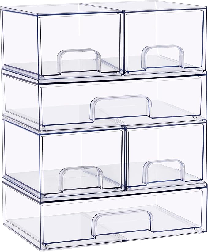 Sorbus Stackable Acrylic Storage Drawers – 4 Small + 2 Wide – 6 Pack Clear Plastic Organizer Bins for Baby Bottles, Makeup, B