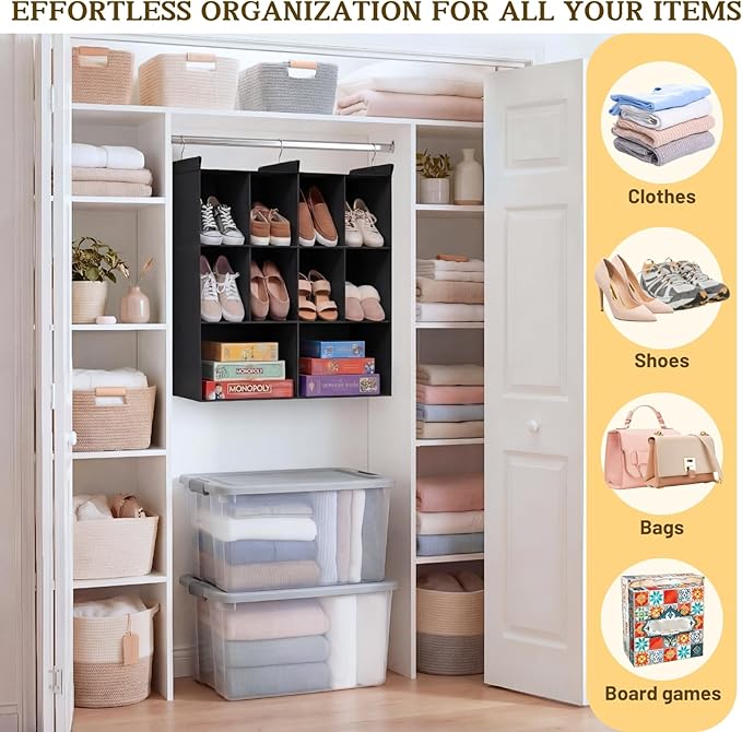 Ofiray-home 3 Tier Hanging Closet Organizer, 10 Compartments Sweater Organizer for Closet with 3 Sturdy Hooks, Closet Organiz