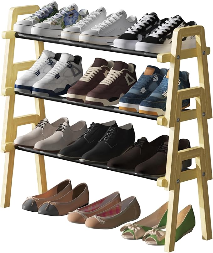 Stackable Shoe Rack Organizer, 3 Tier Shoe Rack for Closet, Bamboo Free Standing Shoe Storage, Shoe Stand for Front Door Entr