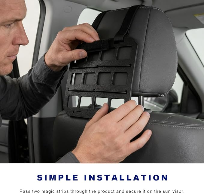 Car Visor Organizer MOLLE Panel, Auto Modular Storage Shelf MOLLE Panel with Mounting Straps, Rigid Tactical Gear Storage Rack EDC Pouch Tool for Most Vehicle Sun Visors (Headrest Panel)