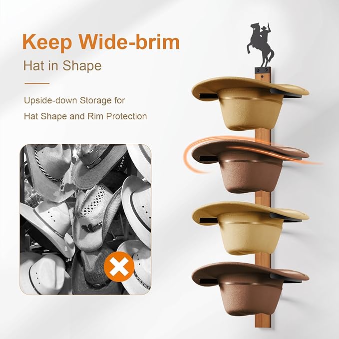 Cowboy Hat Rack, 4 Pieces Hat Rack for Cowboy with Wooden Board, Gift Cowboy Hat Holder Wall Storage-Organizer Western Hats w