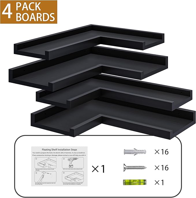 4-Tier Black Corner Floating Shelves Wall Mounted - Floating Shelves with Lip, Solid Pine Wooden Corner Wall Shelf for Wall D