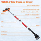 62.4" Snow Brush - Ice Scrapers for Car Windshield, 360°Pivoting Brush Head, Comfortable Foam Grip, Extendable Snow Removal Car Brush for Trucks SUVs, Essential Winter Tool