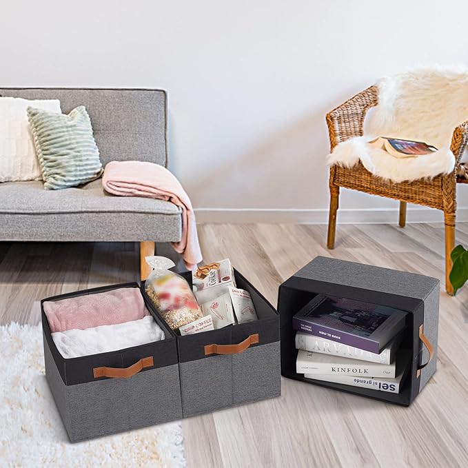 Large Fabric Storage Bins, Foldable Fabric Storage Baskets for Shelves, Sturdy Storage Boxes with PU Handles for Organizing C