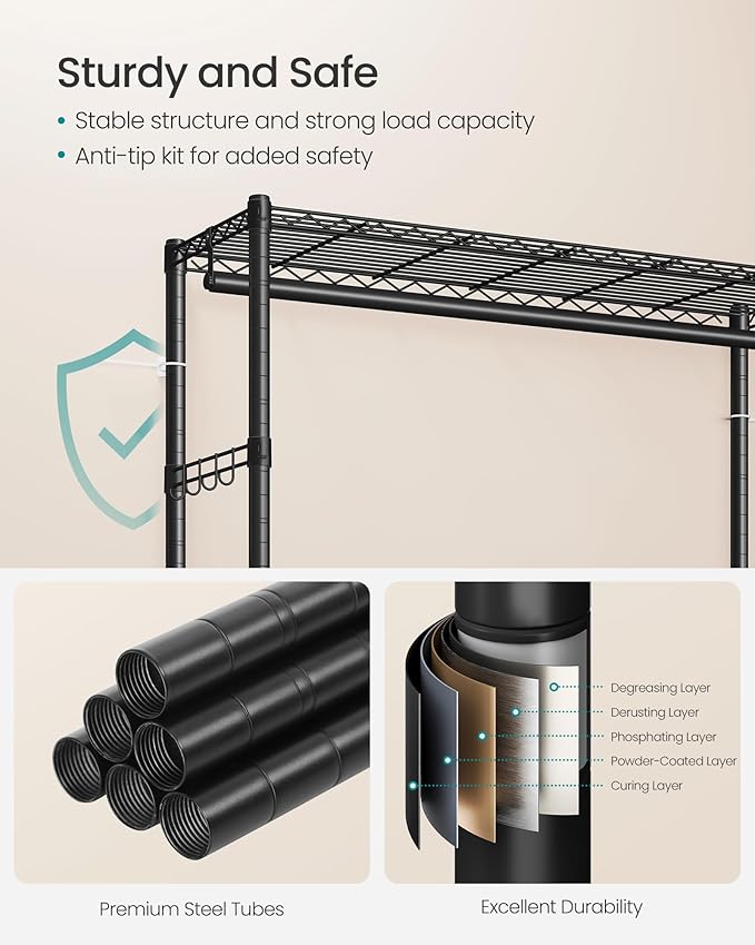 SONGMICS Heavy-Duty Rolling Clothes Rack, Garment Rack, Portable Closet on Wheels, with Adjustable Mesh Shelves and Hanging R