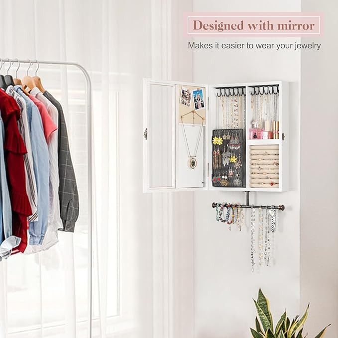 Keebofly Wall Jewelry Organizer Cabinet with Mirror,Rustic Wood Storage for Necklaces, Earrings, Bracelets & Rings, Large-Cap