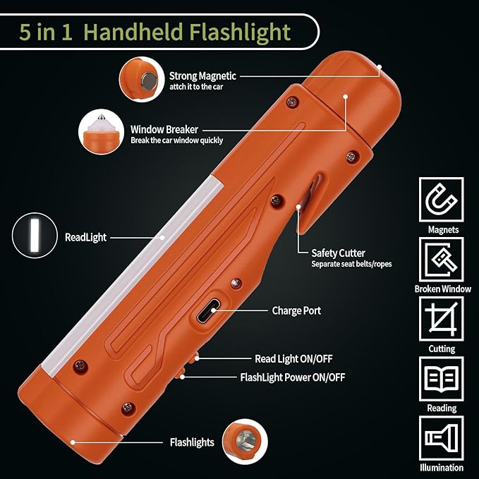 KnLnny Ware Automotive Escape Tool, Window Breaker,Seatbelt Cutter, Car Flashlight, 5 in1 Auto Tactical Gear, USB Charging, M