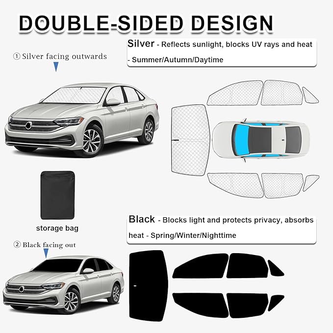 KMF 7pcs Sun Shades for Volkswagen Jetta 2019-2025 Accessories, Custom Fit VW Jetta Windshield Sunshade Car Window Covers for Side Rear, UV Block and Blackout Privacy for Camping