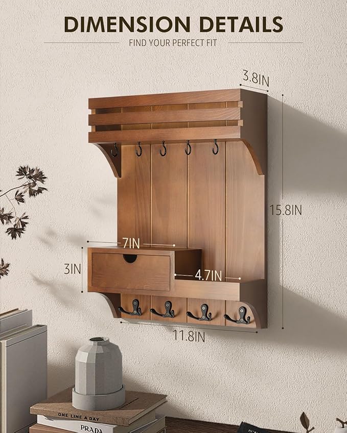 Rebee Vision Farmhouse Key Holder Wall Mount – Decorative Mail Organizer with 9 Key Hooks and Mini Drawer Organizer – Rustic 