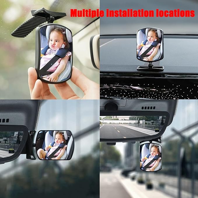 Stick On Car Baby Mirror, Ampper Adjustabe HD Glass Convex Wide Angle Interior Rearview Baby Rear Facing Mirror (Framed Rectangle, Small, 3.3" X 2.5")