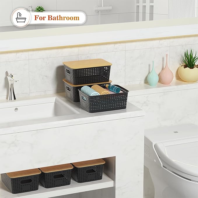 Ohmlove Plastic Storage Baskets With Bamboo Lid - Plastic Storage Containers Stackable Storage bins: Storage Baskets for Orga