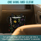 Car Garbage Bag Colorful Flowers and Green Fern Hanging Canvas Car Trash Bag Drawstring Car Back Seat Organizer for Car Back Front Seat Console with Adjustable Buckle
