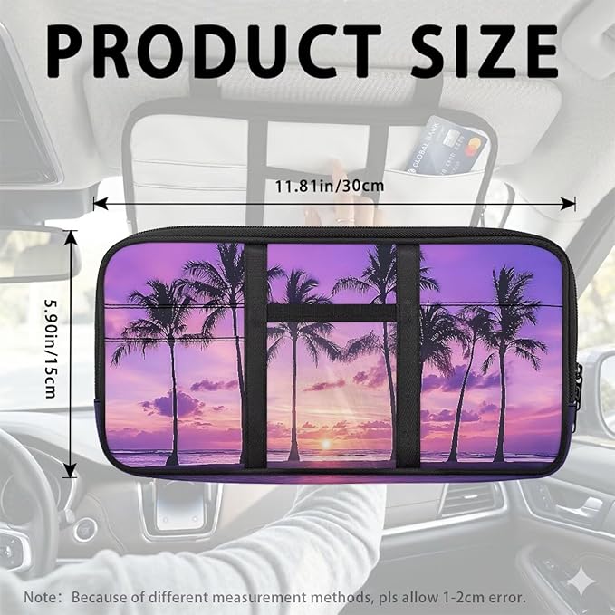 Car Sun Visor Organizer Sunset Palm Tree Car Sun Visor Storage Bag with Big Zipper Pocket Cars Accessories Easy Installation Suitable for Cars SUV