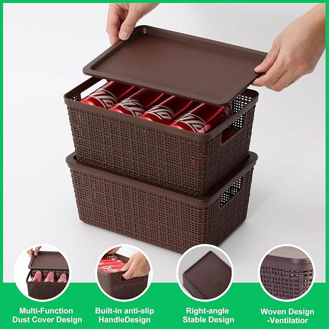 6 Pack Plastic Storage Baskets With Lids,Brown Breathable Stackable Storage Bins,Small Storage Containers,for Organizing Stor