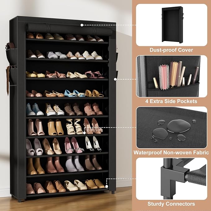 VILICK Shoe Rack with Cover Narrow Shoe Organizer with Pockets 10 Tier Tall Shoe Storage Holds 36-41 Pairs Shoes and Boots Sh