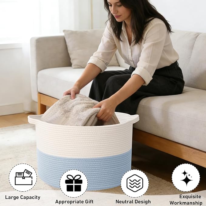 115L Extra Large Woven Cotton Rope Blanket Basket with Handles, Laundry Hamper Storage Bin for Pillows, Comforters,Clothes, T