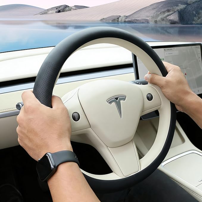 Black Tesla Nappa Leather Steering Wheel Cover, Model 3/Y Accessories, Comfort Grip, Anti-Slip Breathable, Compatible with Te