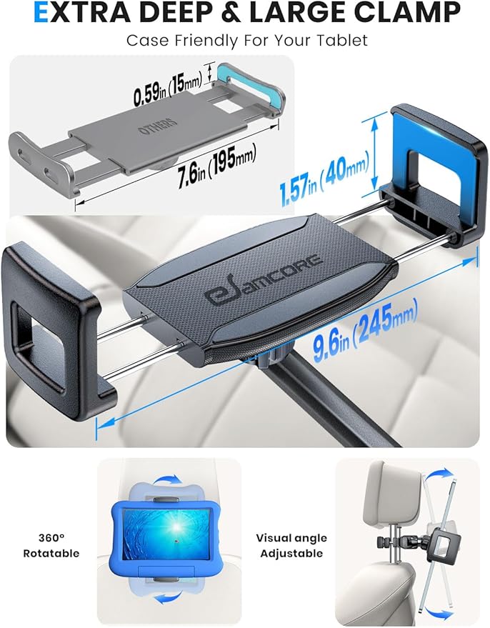 eSamcore Headrest Mount for Car, Aluminum Tablet Car Holder for Backseat Kids Large Clamp, Road Trip Essentials for Adults Back Seat Car Accessories Compatible with iPad 4.7” -12.9" Tab
