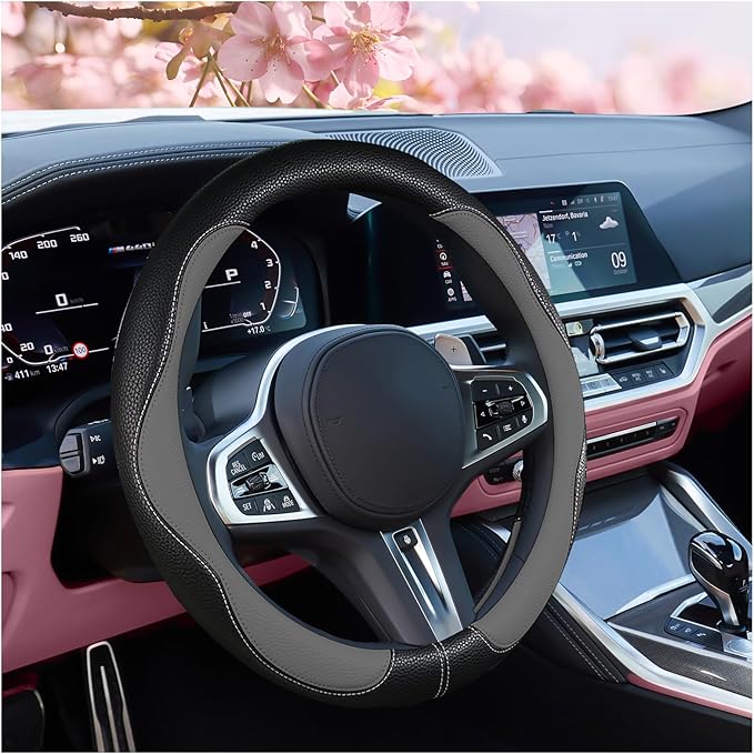 SuperKaKa Gray and Black Car Steering Wheel Cover 2025, Universal Auto PU Cute Breathable Slip-Proof Comfort Imitation Leathe