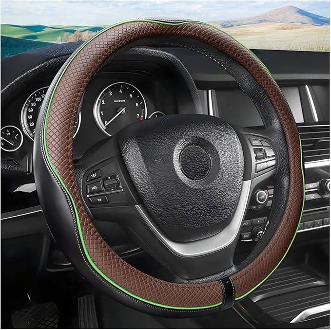 Leather Steering Wheel Cover, Soft Breathable Anti-Slip Protector for Car, Truck, SUV - Universal Fit 15 Inch for Women and M