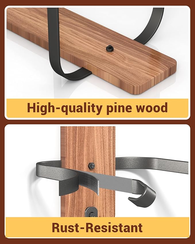 Midukit Cowboy Hat Rack for Wall, Cowboy Hat Holder for 4 with Hooks,Wooden Rustic Metal Hanger for Wall with Pine Board,West
