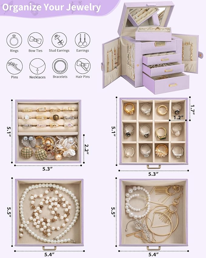 AKOZLIN 4-Tier Jewelry Box Leather Jewelry Storage Organizer with 3 Drawers Lockable for Women Girls Ring Necklace Earring Br