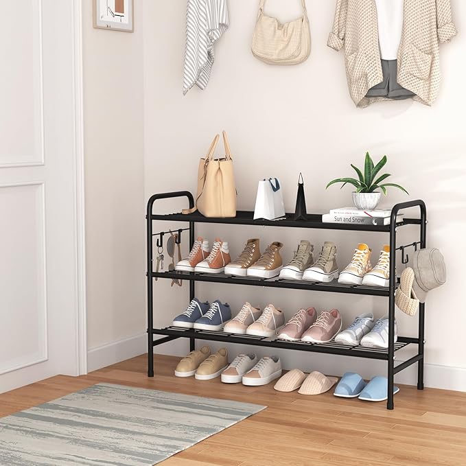 VILICK 3 Tier Shoe Rack 33" Wide Metal Shoe Organizer Long Shoe Storage with 4 Side Hooks Sturdy Shoes Shelf for Front Door E