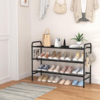 VILICK 3 Tier Shoe Rack 33" Wide Metal Shoe Organizer Long Shoe Storage with 4 Side Hooks Sturdy Shoes Shelf for Front Door E
