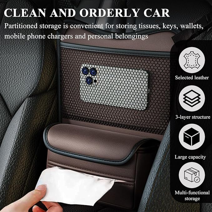 Car Organizer Storage Between Seats, Leather Large Capacity Automobile Handbag Hanging Store Content Bag, Auto Console Organizer Holder for Snack Phone Document Storages, Car Accessories (Brown)