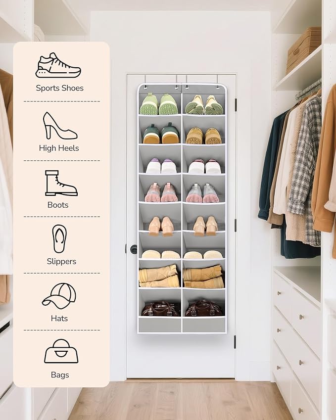 ULG Over The Door Shoe Organizer with 16 Large Pockets, Hanging Shoe Rack for Closet Door, Space Saving Shoe Storage for Boot