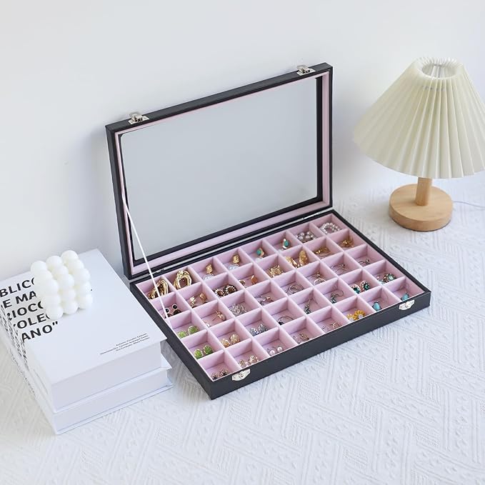 Stratalife Jewelry Organizer 40 Grid Pink Black Jewelry Tray with Clear Dust-proof Lid Velvet Earring Organizer Necklace Ring