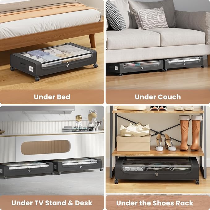 Under Bed Storage Containers with Clear Lid, Large Under Bed Storage with Wheels,6.22"H Under Bed Containers Rolling Under Be