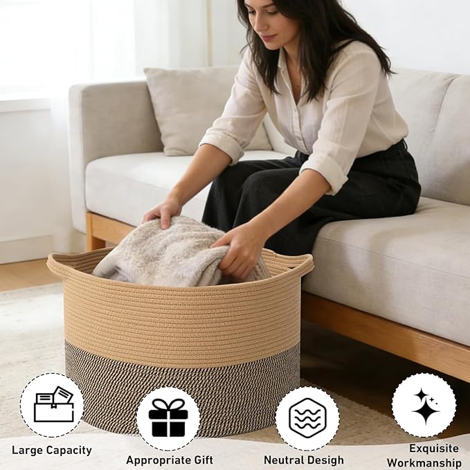 115L Large Blanket Basket,23.6" L x 23.6" W x 15.7" H Rope Woven Baskets with Handles, Toys Storage Bins,Laundry Basket Perfe
