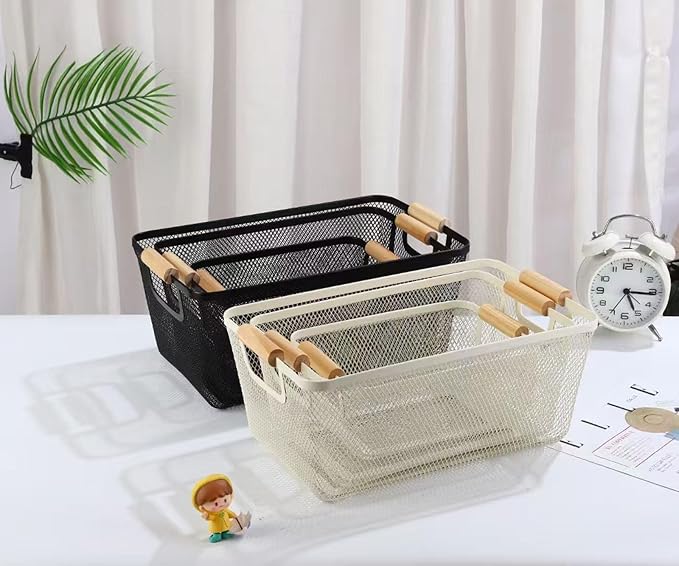 AJIODA Metal Mesh Steel Basket, Medium Wire Storage Organizer Basket Multi-function Hanging Kitchen Basket with Wood Handle f