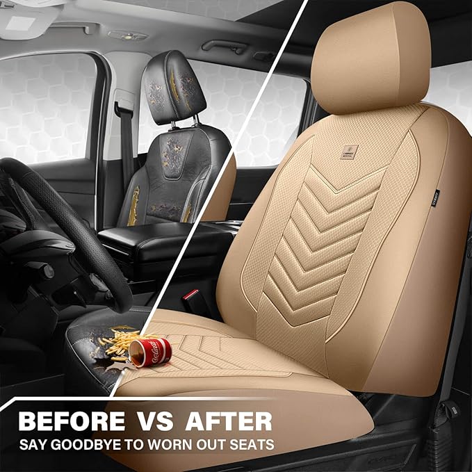 CAR PASS 3D Foam Mesh Leather Car Seat Covers Front Seats, Tan Breathable Front Seat Cover for Cars, Comfortable Universal Fi