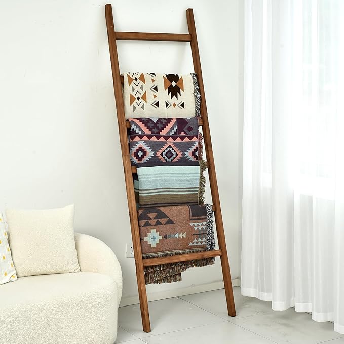 FUIN 6.4ft Extra Wide Wooden Blanket Ladder Living Room Decorative Wal Leaning Farmhouse Quilt Display Holder Rustic Wood Tow