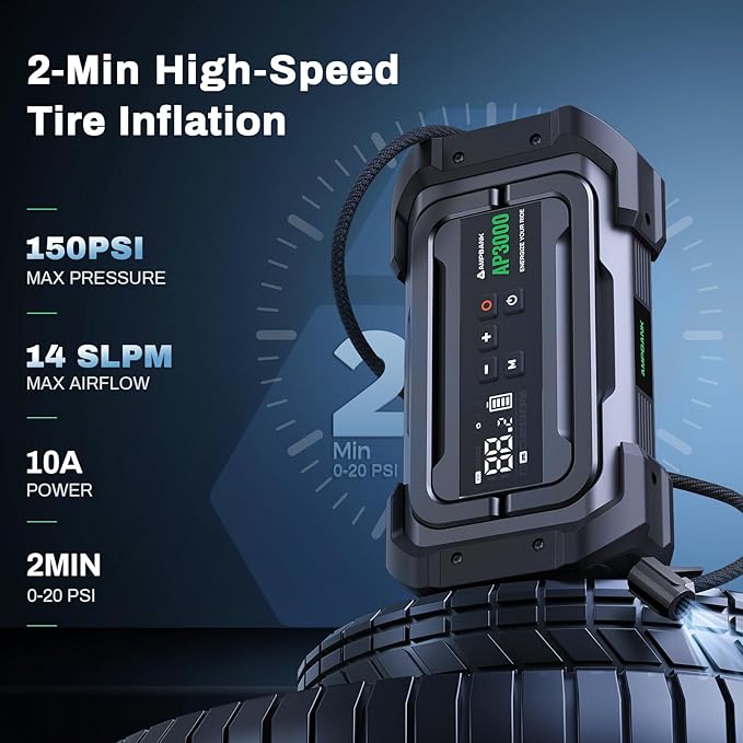 Jump Starter with Air Compressor, 3000A Portable Car Jump Starter with 150PSI Digital Tire Inflator, 12V Car Battery Booster