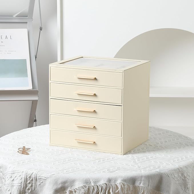 Frebeauty Clear Lid Jewelry Box,5-Layer Jewelry Organizer with Drawer,PU Leather Jewelry Organizers and Storage,Jewelry Boxes
