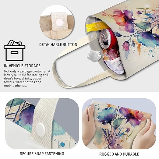 Cute Car Trash Can, Hanging Canvas Car Back Seat Organizer and Storage Bag, Funny Car Trash Bag For Travelling, Outdoor Watercolor Beautiful Flowers