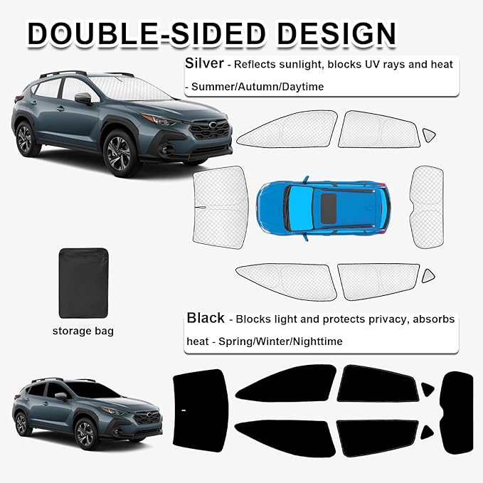 KMF 8pcs Thicken Sun Shades for Subaru Crosstrek 2024 2025 2026 Accessories,Full Car Window Covers Sunshade for Windshield Side Rear, UV Block and Blackout Privacy for Camping Outdoor