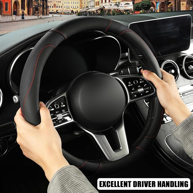 Microfiber Leather D Shaped Steering Wheel Cover, Breathable, Anti Slip, 13.5 inch to 14 inch, Black
