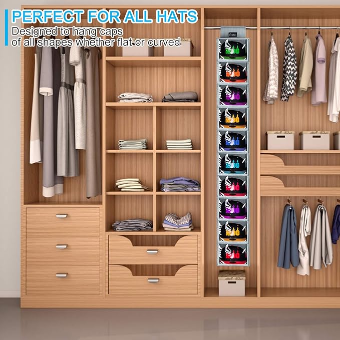 VAESIDA Hat Rack - 10 Shelf Upgraded Version Hat Organizer for Closet with Dust Shield & Side Mesh Storage Pockets - Hat Hold